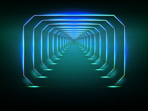 Endless tunnel optical illusion, spaceship corridor, science fiction rocket launching runway or teleport illuminating fluorescent neon light realistic. Abstract futuristic background with light effect