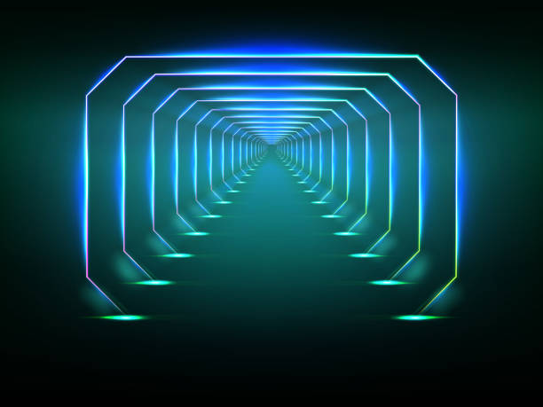 Endless futuristic tunnel Endless tunnel optical illusion, spaceship corridor, science fiction rocket launching runway or teleport illuminating fluorescent neon light realistic. Abstract futuristic background with light effect runway condition stock illustrations