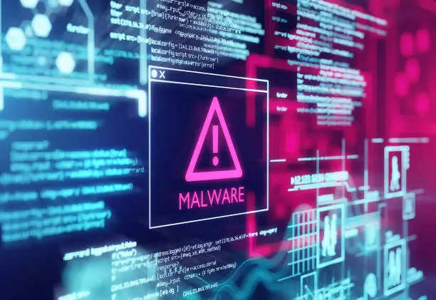 A computer screen with program code warning of a detected malware script program. 3d illustration