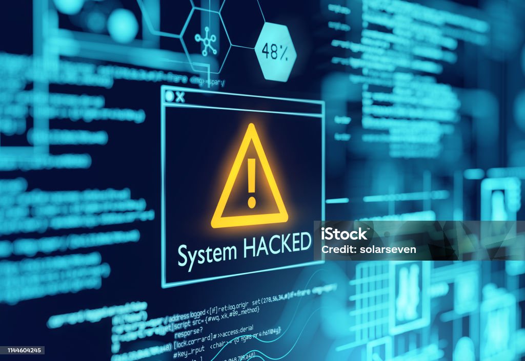 A Computer System Hacked Warning A computer popup box screen warning of a system being hacked, compromised software enviroment. 3D illustration. Computer Crime Stock Photo