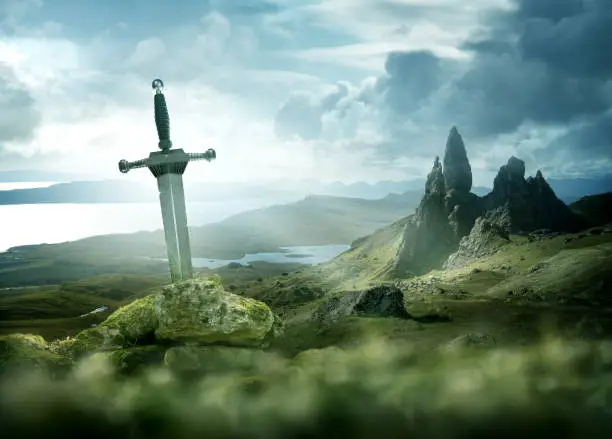 An ancient and mythical sword set against a dramatic landscape. Fantasy background 3d mixed media.