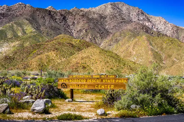 Photo of Anza-Borrego Desert State Park Visitor Center sign surrounded by wildflowers during a spring superbloom, south California