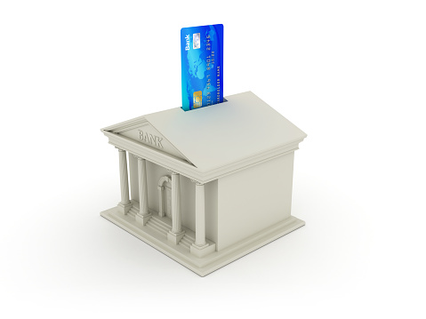 Bank Building with Credit Card - White Background - 3D Rendering