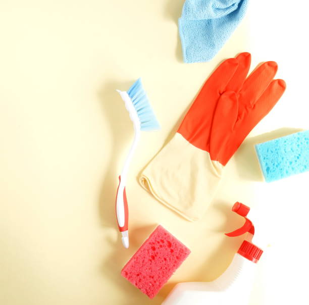 istock Colorful cleaning set for different surfaces in kitchen, bathroom and other rooms. 1144606919