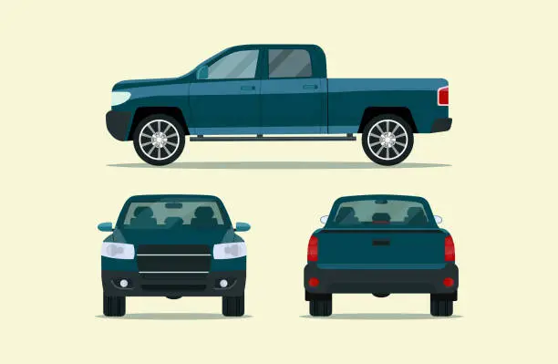 Vector illustration of Pickup truck isolated. Pickup truck with side view, back view and front view. Vector flat style illustration