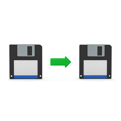3D Rendering of data transfer between floppy disks. 3D Rendering isolated on white.