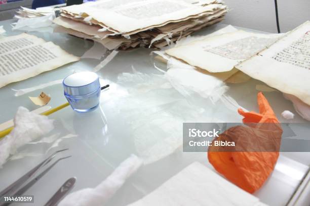 Paper Of An Old Book On Restauration Stock Photo - Download Image Now - 2019, Antique, Backgrounds