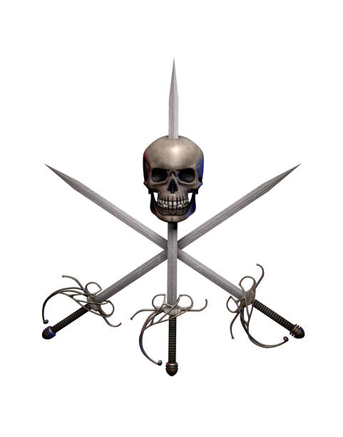 Pirate swept hilt swords cross with a human skull isolated on white, adventure and danger on the high seas, 3d render