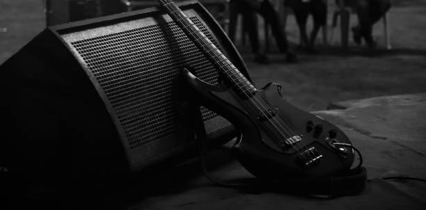 Close plane of a bass and a red pick hanging beteween the strings.