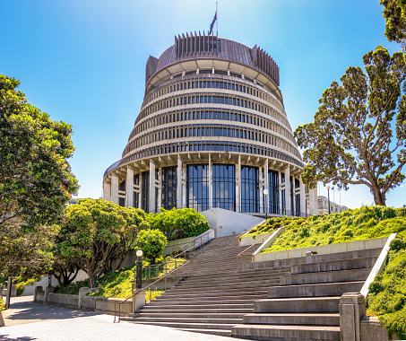 New Zealand's national parliament building in the country's capital, Wellington. The building is also known as The Beehive.