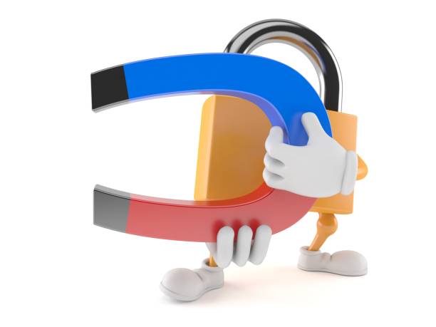 istock Padlock character holding horseshoe magnet 1144618433
