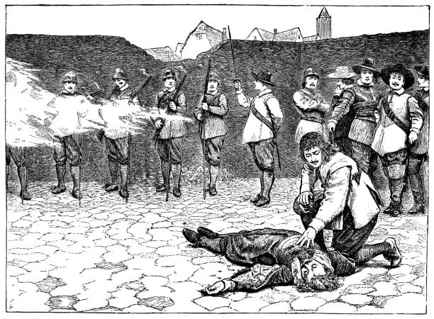 ilustraciones, imágenes clip art, dibujos animados e iconos de stock de la ejecución de charles lucas y george lisle-siglo 17 - firing squad