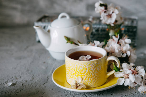 petit-déjeuner anglais. thé dans une tasse blanche et une théière servie avec des brownies. - five oclock tea photos et images de collection