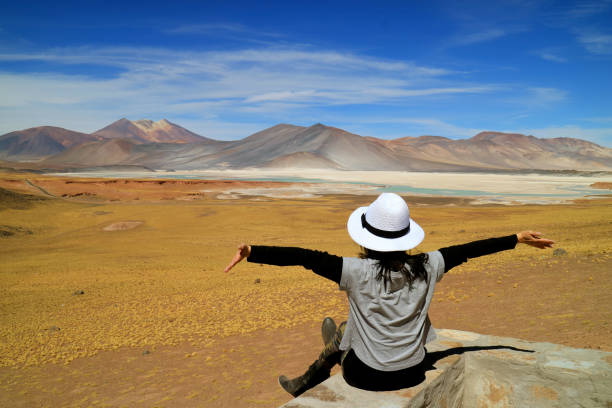 Woman Raising Her Arms In Front of Awesome View of Salar de Talar salt Lakes and Cerro Medano Mountain, Chilean Andes, Northern Chile Woman Raising Her Arms In Front of Awesome View of Salar de Talar salt Lakes and Cerro Medano Mountain, Chilean Andes, Northern Chile chile tourist stock pictures, royalty-free photos & images