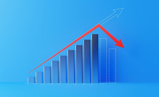 Silver financial growth bar and a red arrow shape moving down on blue background.  Horizontal composition with copy space.