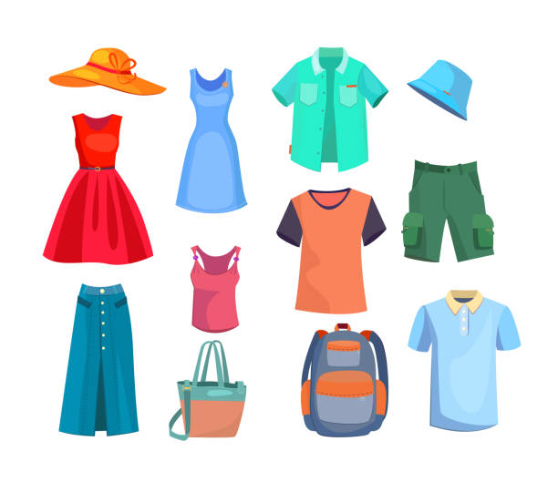illustrazioni stock, clip art, cartoni animati e icone di tendenza di set di abiti estivi - copricapo abbigliamento