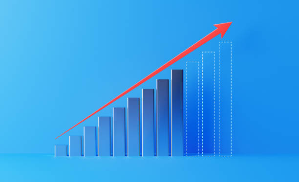 Silver financial growth bar and a red arrow shape moving up on blue background.  Horizontal composition with copy space.