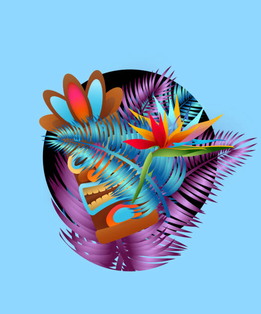 istock Tropical leaves, flower and tribal mask in circle 1144625582