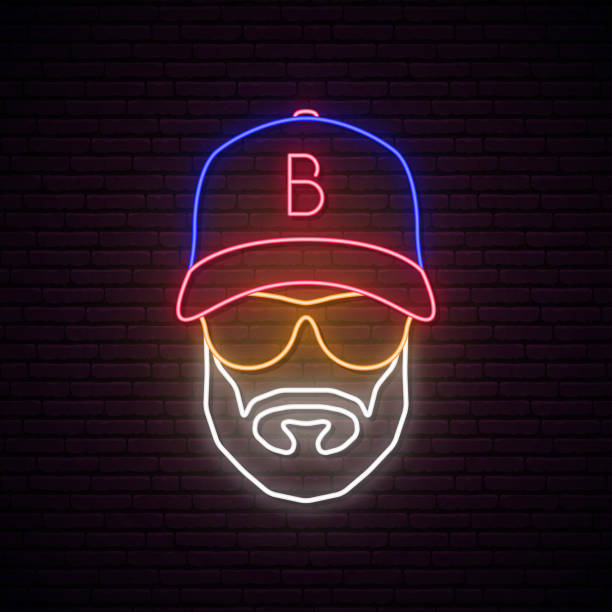 neonowy awatar mężczyzny z czapką bejsbolową, w okularach i kapeluszu. ikona męskiej. ilustracja wektorowa. - baseball cap men style cap stock illustrations