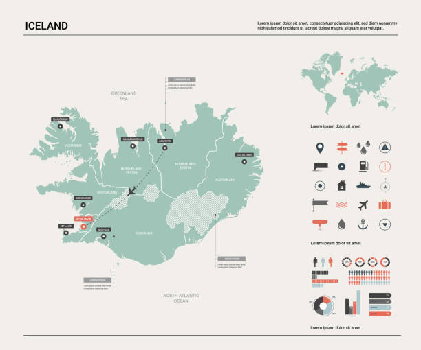 illustrazioni stock, clip art, cartoni animati e icone di tendenza di mappa vettoriale dell'islanda. mappa del paese altamente dettagliata con divisione, città e capitale reykjavik. mappa politica, mappa del mondo, elementi infografici. - islande