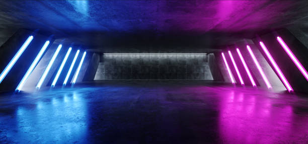 istock Sci Fi Fluorescent Triangle Structure Vibrant Neon Glowing Purple Blue Pink Lights In Huge Dark Cement Concrete  Grunge Underground  Garage Alien Spaceship Future Arch 3D Rendering 1144628187