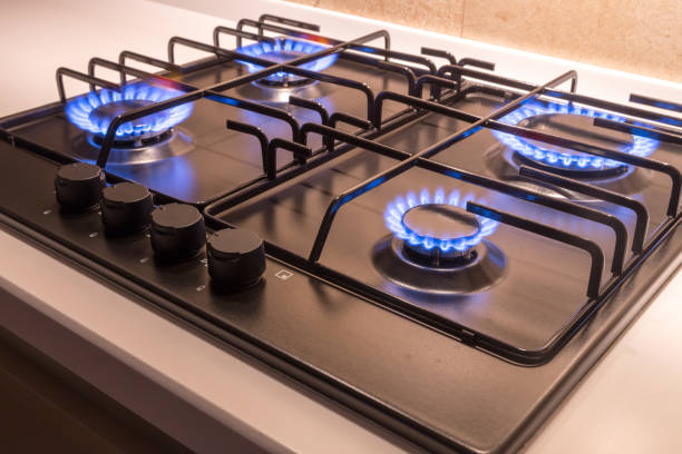 istock Gas burner on black modern kitchen stove 1144628193