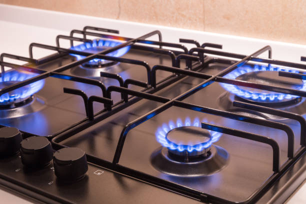 istock Gas burner on black modern kitchen stove 1144628239