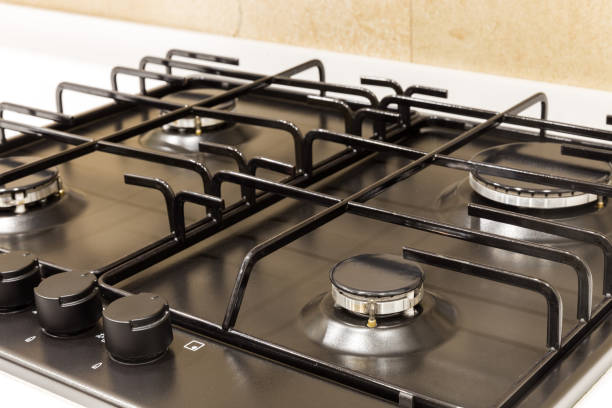 istock Gas burner on black modern kitchen stove 1144628255