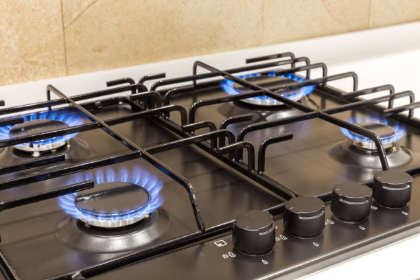 istock Gas burner on black modern kitchen stove 1144628271