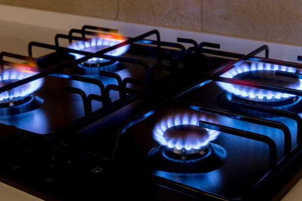 istock Gas burner on black modern kitchen stove 1144628392