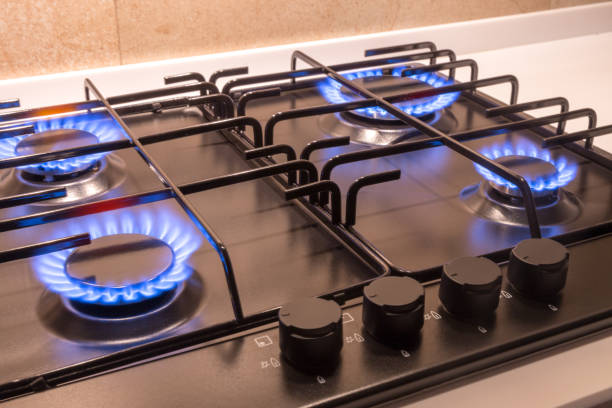 istock Gas burner on black modern kitchen stove 1144628471