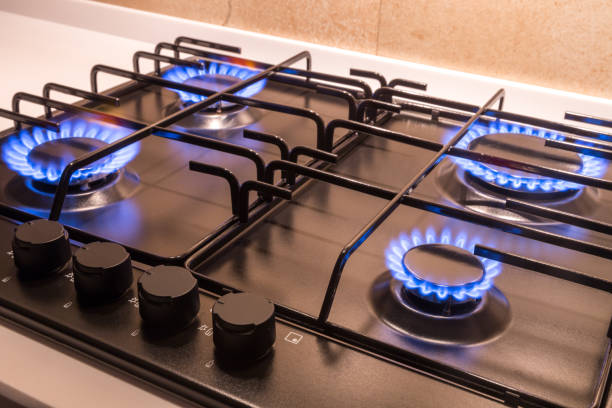 istock Gas burner on black modern kitchen stove 1144628512