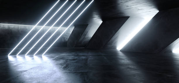 istock Sci Fi Fluorescent Tilted Tubes Neon Glowing Blue White Lights In Huge Dark Cement Concrete  Grunge Underground  Garage Reflections Alien Spaceship Future Arch 3D Rendering 1144629421