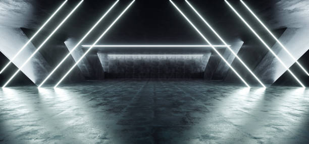 istock Sci Fi Fluorescent Vibrant Triangle Shaped Neon Glowing Blue White Lights In Huge Dark Cement Concrete  Grunge Underground  Garage Reflections Alien Spaceship Future Arch 3D Rendering 1144629440