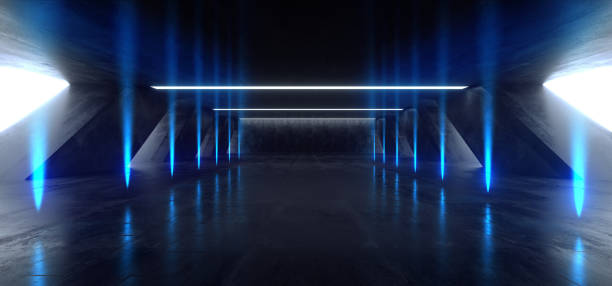 istock Sci Fi Fluorescent Vibrant Track Path Gate Entrance Neon Glowing Blue Lights In Huge Dark Cement Concrete  Grunge Underground  Garage Reflections Alien Spaceship Future Arch 3D Rendering 1144629664