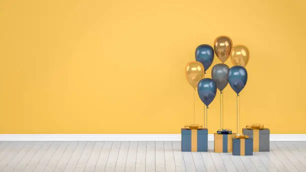 Photo of Shiny golden and blue color balloons in empty room. Christmas, Valentine's day, Birthday concept.