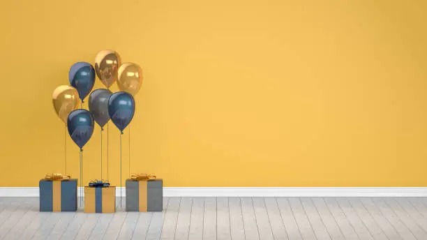 Photo of Shiny golden and blue color balloons in empty room. Christmas, Valentine's day, Birthday concept.