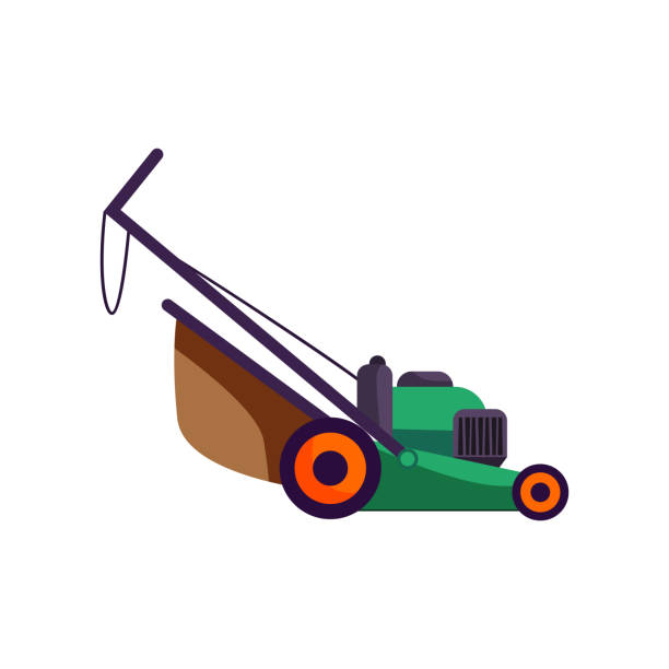 Modern lawn mower Modern lawn mower. Gardening grass cutter. Agriculture attributes concept. Vector illustration can be used for topics like garden tools, housekeeping, yard mower blade stock illustrations