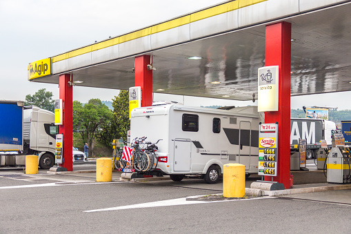 Bologna, Italy - 06 May 2018: Gas station with a motor home