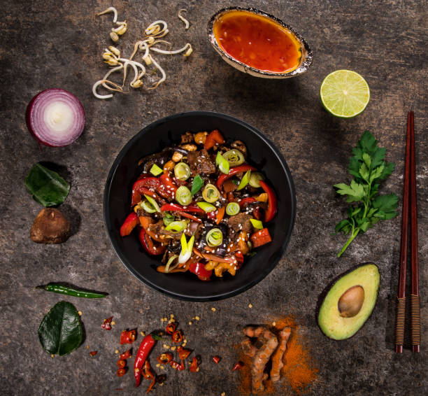 istock Szechuan beef asian food background with various ingredients on stone table. 1144631101