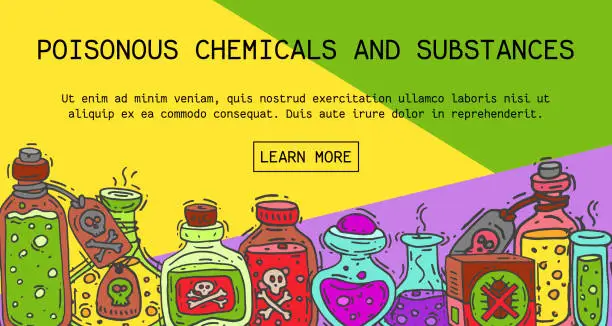 Vector illustration of Poisonous chemicals and substances banner vector illustration. Different containers for liquids oil, biofuel, explosive, chemical, radioactive, flammable and poisonous liquids.