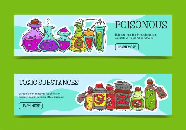 Vector illustration of Poisonous chemicals and toxic substances banners vector illustration. Different containers for liquids oil, biofuel, explosive, chemical, radioactive, flammable and poisonous liquids.