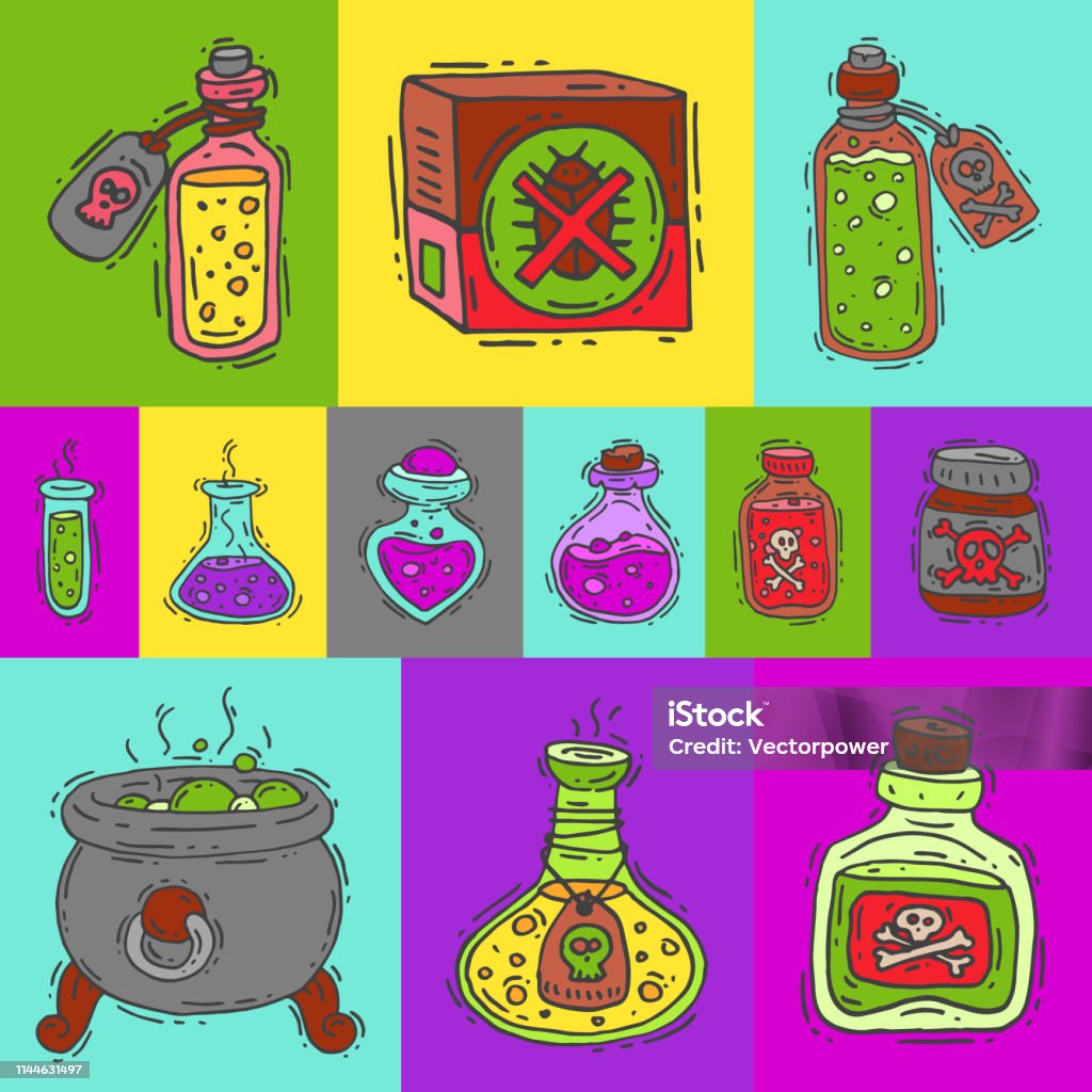 Solid Poisons Toxic Substances Round Pattern Vector Illustration Different Containers ...