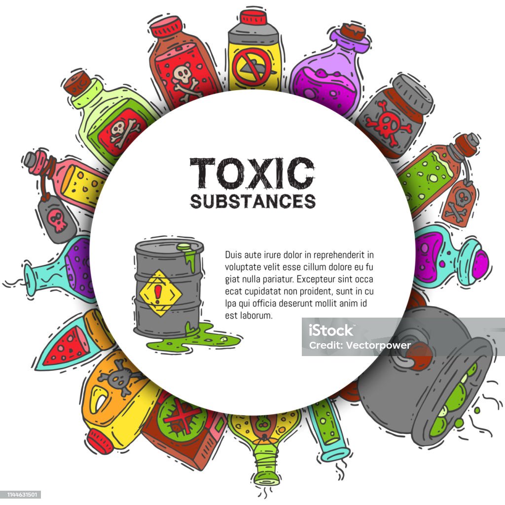 Solid Poisons Toxic Substances Round Pattern Vector Illustration Different Containers ...