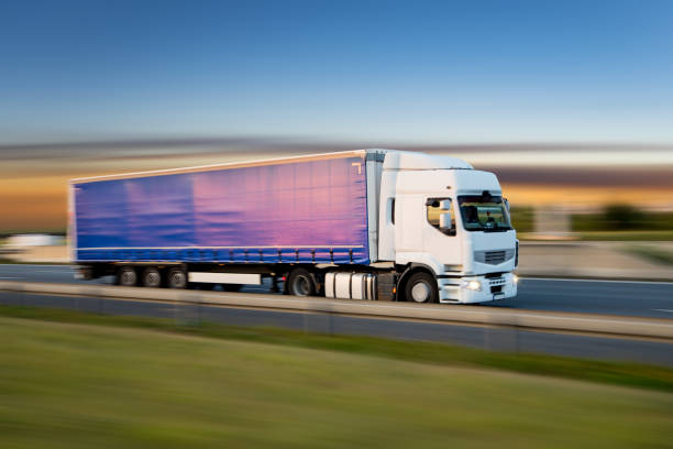 istock Truck with container on road, cargo transportation concept. 1144631542