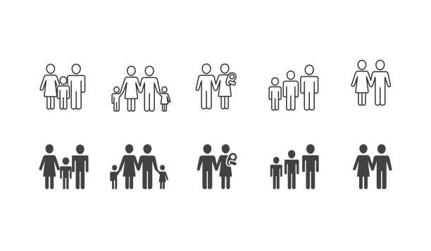 Family black silhouettes and outline icons set Family black silhouettes and outline icons set family stock illustrations