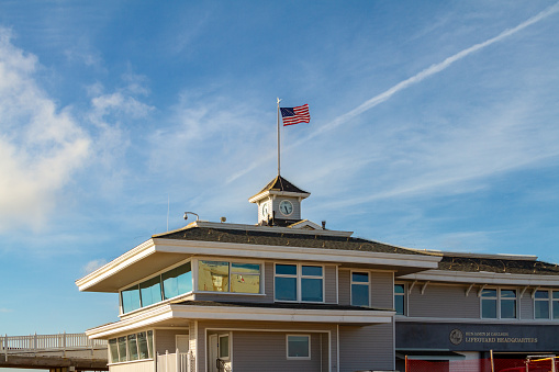 Newport Beach, CA / USA – April 6, 2019: Newport Beach Lifeguard Headquarters located on the pier in Newport Beach, California.