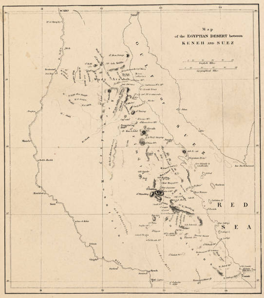 illustrazioni stock, clip art, cartoni animati e icone di tendenza di mappa dell'alto egitto, del golfo di suez e della penisola del sinai - xix secolo - gulf of suez