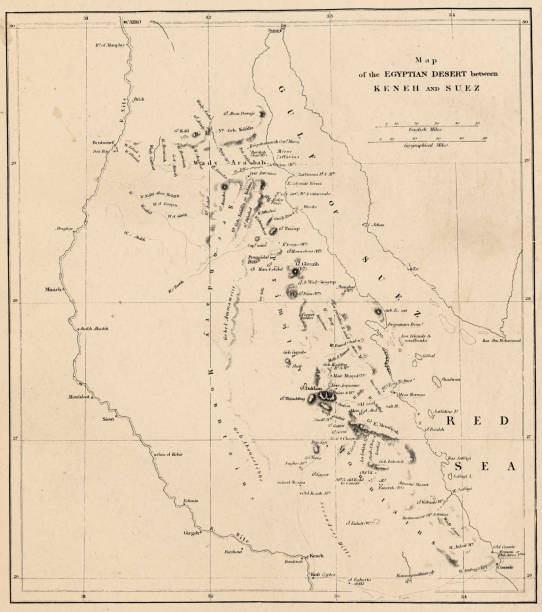 mapa górnego egiptu, zatoki sueskiej i półwyspu synaj - xix wiek - gulf of suez stock illustrations