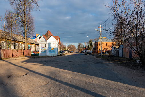 Quiet street of a small town.The picture was taken on one of the typical streets of the ancient city of Uglich in Russia.